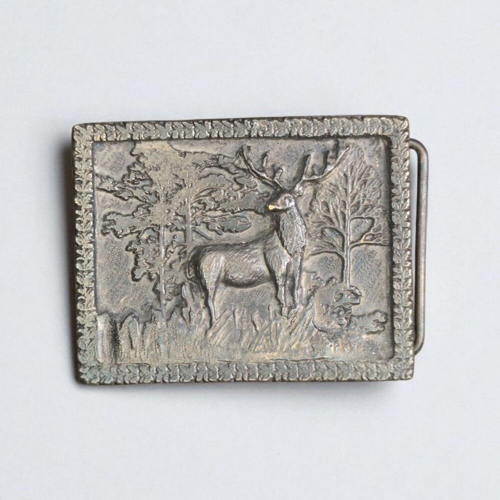 Vintage AJ Dezyn Belt Buckle Deer In Forest Scene 1970s Approx. 3x2.3 Inches Met